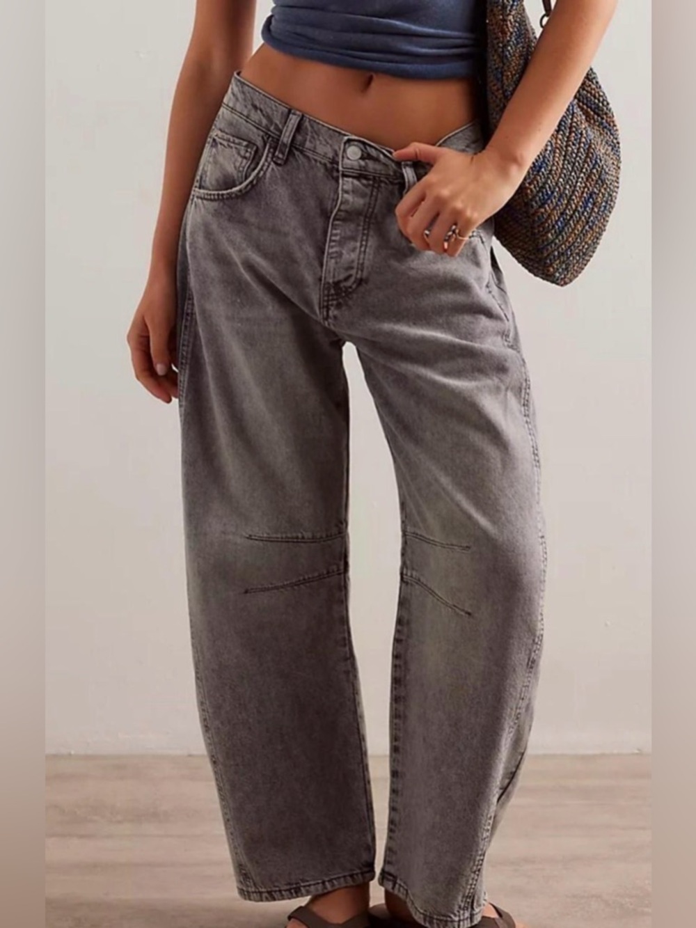 We The Free Free People Good Luck Mid Rise Barrel Jeans Washed Black 29